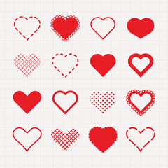 Grid of red heart icons, various styles. Heart patterns include dotted, solid, and outlined. Heart shapes repeated in a grid, showcasing love and affection. Valentine's Day elements, vector set.