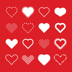 Set of 15 white heart icons on a red background. Each heart has a unique design, including dotted, lined, and scalloped patterns. Perfect for love-themed projects. Valentine's Day elements, vector set