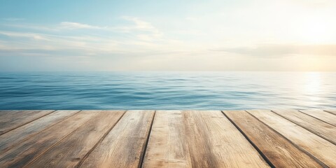 Empty wooden deck table with a focused view over a serene sea background, perfect for showcasing the beauty of an empty wooden deck table against a tranquil seascape.