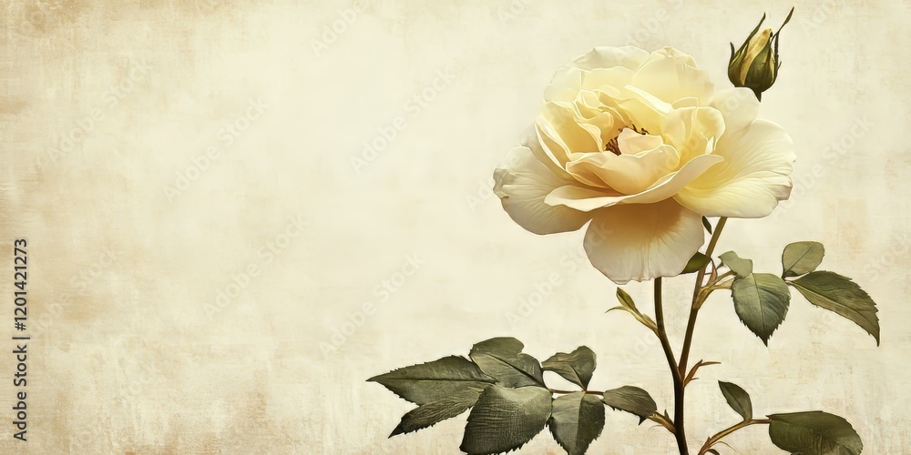 Poster textured old paper background featuring a delicate pale yellow rose, creating an elegant and nostalg