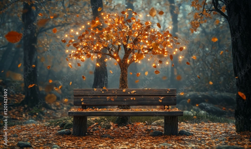Poster a stunning mosaic tree with realistic autumn leaves and soft string lights placed on a rustic wooden