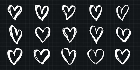 Set of 15 hand-drawn white hearts on a black grid background. Each heart is unique, showcasing different brushstroke styles. Perfect for design projects. Hand drawn Valentine's Day vector set.