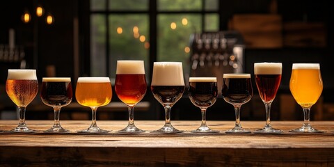 Craft beer vessels arranged on a wooden table, showcasing an assortment of distinctive craft beer glasses, each carefully placed for a delightful viewing experience.