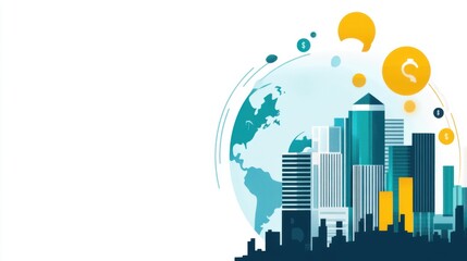 Fototapeta premium Modern Urban Landscape with Skyscrapers and Global Elements Representing Business Growth, Finance, and Technology in a Dynamic Digital Era