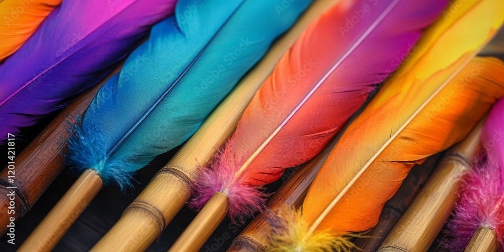 Aufkleber colorful feathers attached to bamboo sticks create a vibrant display. these bamboo sticks adorned wi