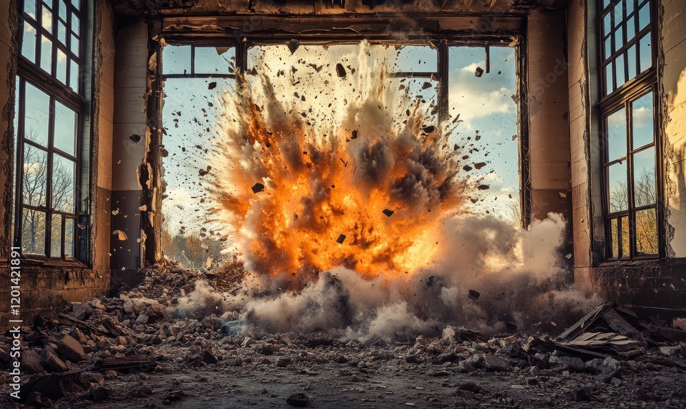 Poster a thrilling and dynamic image of a massive explosion occurring in a ruined building, debris flying e