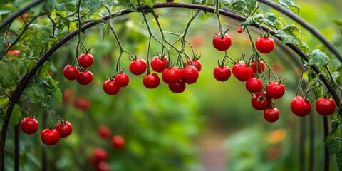 Fresh red organic cherry tomatoes thrive on an arched trellis, showcasing the beauty of vine ripened growth. These cherry tomatoes flourish after rain in a vibrant backyard garden setting.