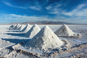 Workers harvesting salt in the vast salar de uyuni create conical piles for drying under the bright andean sun