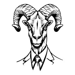Fototapeta premium Businessman goat head engraving black and white outline. Scratch board imitation. illustrated in vintage line art style on a white background. 