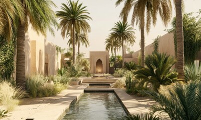 Fototapeta premium A tranquil oasis in the heart of the desert surrounded by towering palm trees and vibrant greenery, outdoor decor, garden decor, desert landscape, interior design, moroccan architecture