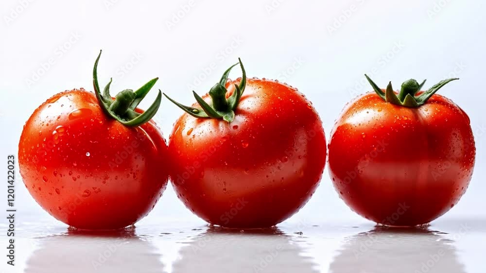 Poster three vibrant red tomatoes are splashed with water droplets, emphasizing their freshness and juicine