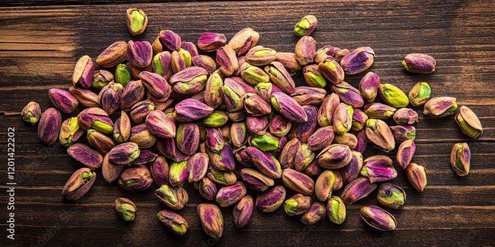 Poster top view of pistachio nuts scattered on an aged wooden surface, showcasing the unique texture and co
