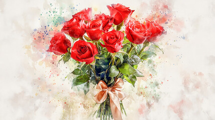 Beautiful Red Roses with Satin Ribbon Watercolor Art Illustration. Concept of Romantic Floral Gift, Love, Elegance, Nature's Beauty, and Exquisite Blooms.. Valentine's Day