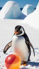 Obraz premium A playful penguin standing on snowy terrain, curiously posing with a vibrant beach ball, blending the charm of wildlife with a touch of whimsy