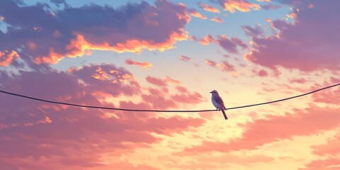 A small bird perches on an electric wire, creating a charming scene against a beautiful sky background. This small bird adds a delightful touch to the serene landscape.