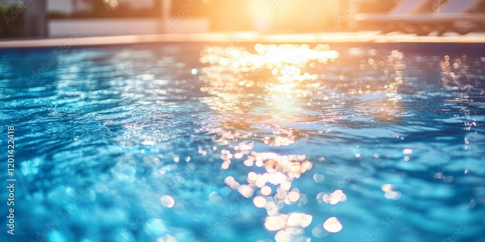 Poster defocused abstract view of shimmering blue water in a swimming pool under the warm sunlight creates 