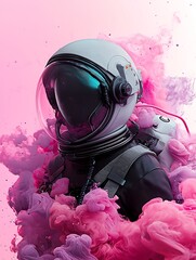 Astronaut in pink smoke, space exploration, vibrant background, futuristic art, ideal for sci-fi