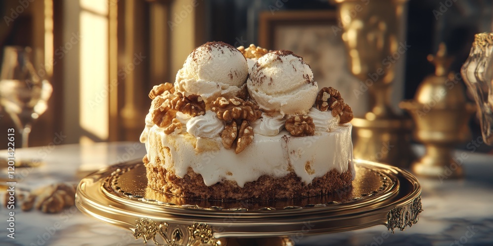 Poster 3D representation of scoops of walnut ice cream placed atop an elegantly adorned cake, highlighting the desserts delightful appearance and appealing features.