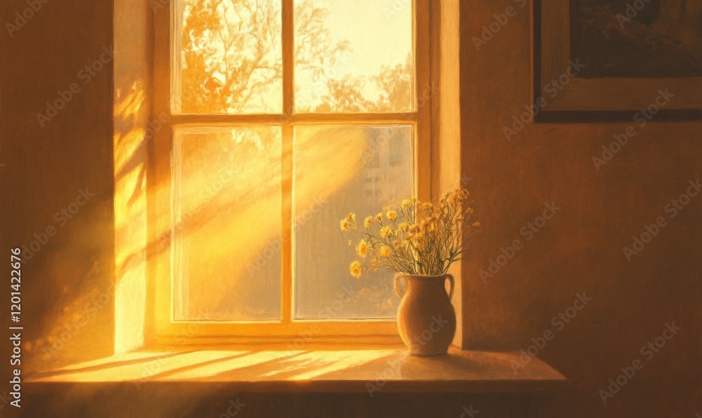 Poster a warm golden haze diffuses through an open window, capturing the essence of tranquility and warmth 