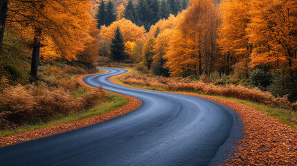 Fototapeta premium beautiful Serene winding wet road through an autumn forest with vibrant leaves.