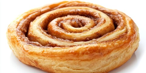 Fototapeta premium Deliciously fresh cinnamon bun, showcasing a delightful cinnamon roll pastry against a clean white background. This close up highlights the enticing textures of the cinnamon bun.