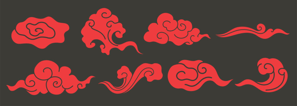 Red Asian cloud motifs on a dark background. Swirling cloud designs, traditional Asian art. Decorative cloud patterns, elegant and intricate. Chinese weather elements, vector set.
