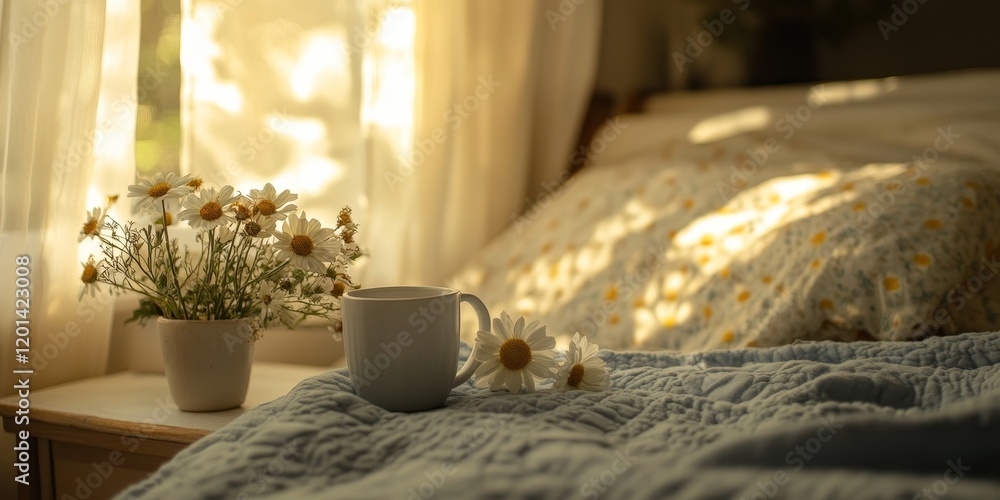 Poster A bedside table holds a cup alongside a flower, positioned next to the bed, creating a cozy and inviting atmosphere in the bedroom.