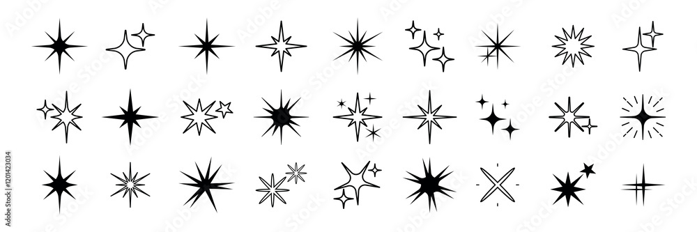 Poster collection of starburst icons on a white background. starburst shapes vary in size and style. perfec