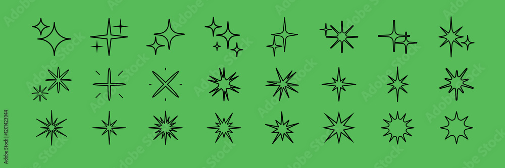 Poster collection of starburst icons on a green background. starburst shapes vary in size and style. perfec