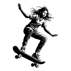 Obraz premium Woman skateboarding engraving black and white outline. Scratch board imitation. illustrated in vintage line art style on a white background.