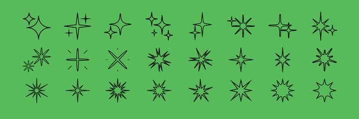 Fototapeta premium Collection of starburst icons on a green background. Starburst shapes vary in size and style. Perfect for design projects needing starburst effects. Element vector set.