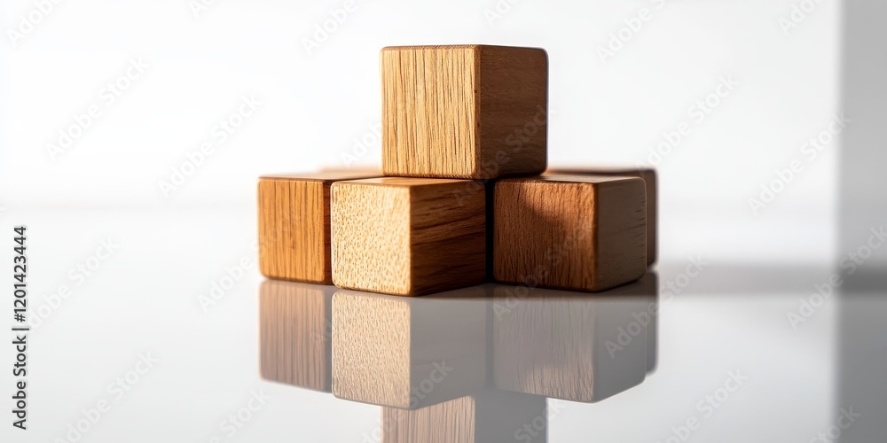 Poster Reflection captured through wooden blocks, showcasing the concept of reflection in a creative manner on a white isolated background. Explore the idea of reflection with wooden blocks.