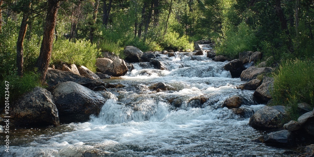 Aufkleber a river cascades over stones within a wooded area, creating a beautiful display of water flowing dow