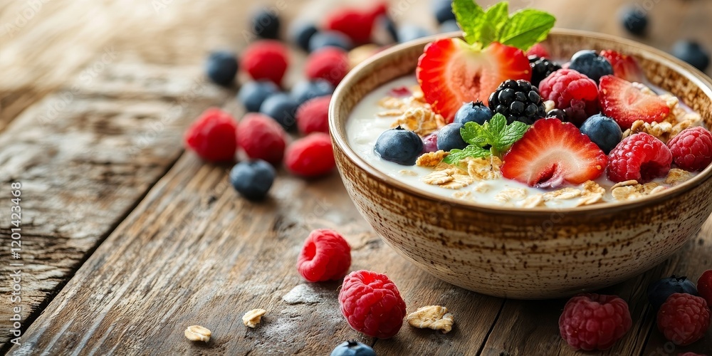 Poster a rustic wooden table features a bowl filled with cereal and milk, topped with an assortment of vibr