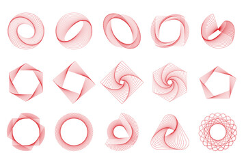 Collection of red geometric shapes. Spirals, hexagons, and squares in red. Abstract red patterns, red lines forming various geometric designs. Geometric elements, vector set.