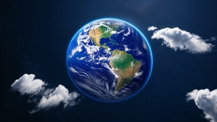 A blue 3D globe of Earth in space, illuminated by the sun, shows continents and oceans amidst the vast universe