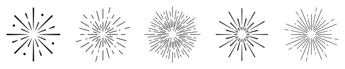 Fototapeta premium Set of five starburst designs in black and white. Starburst patterns vary in style. Starburst lines radiate from center. Simple starburst illustrations. Festive elements, vector set.