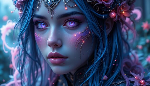 Stunningly beautiful digital art portrait of a mystical fantasy elf princess with glowing eyes and intricate floral headdress