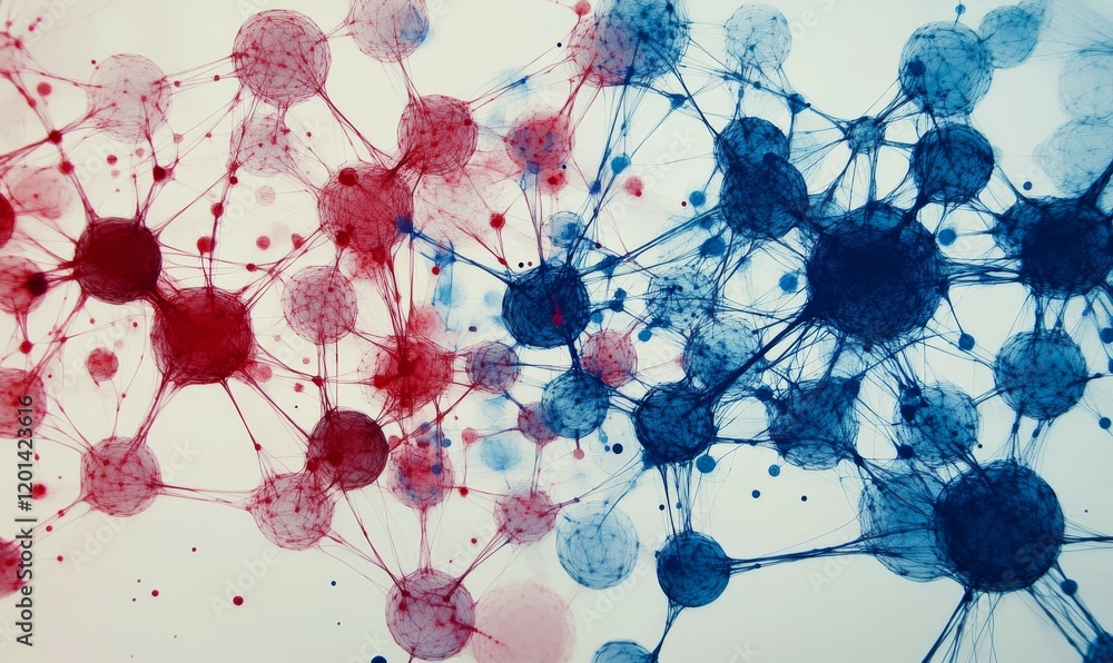 Poster abstract art of interconnected nodes and lines representing molecular structures, showcasing blend o