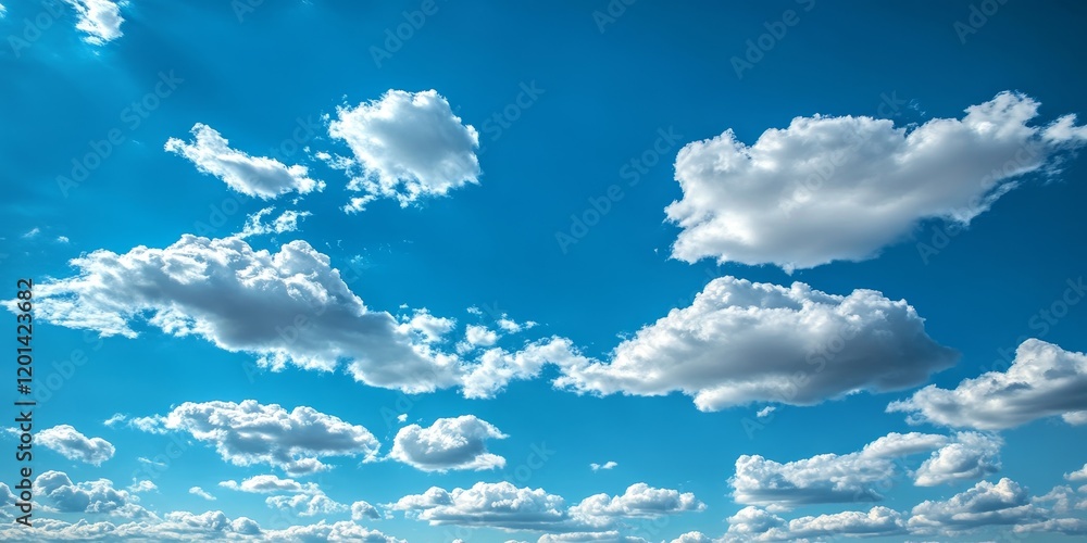 Poster serene blue sky adorned with fluffy white clouds showcases a beautiful cloudscape, creating a tranqu