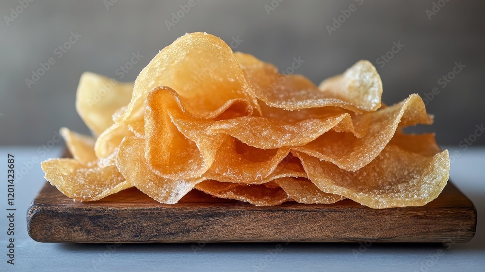 Poster Fried rice paper chips displayed on a wooden board create an enticing visual against a gray background. Enjoy the crispy texture of rice chips that add flavor to any dish.