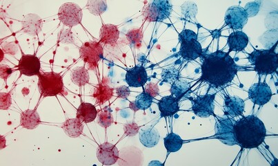 Naklejka premium Abstract art of interconnected nodes and lines representing molecular structures, showcasing blend of blue and red colors. design evokes sense of scientific exploration and innovation