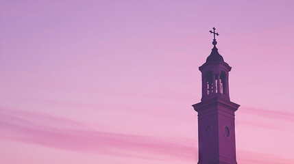 Silhouette of a Church Bell Tower at Sunset. Concept of Tranquility, Religious Symbolism, Spiritual Reflection. Ash Wednesday. Copy Space