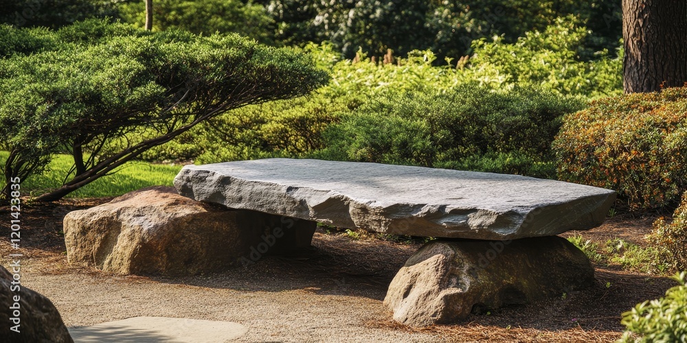 Poster zen inspired rock bench nestled in a tranquil park setting, offering a serene space for reflection a