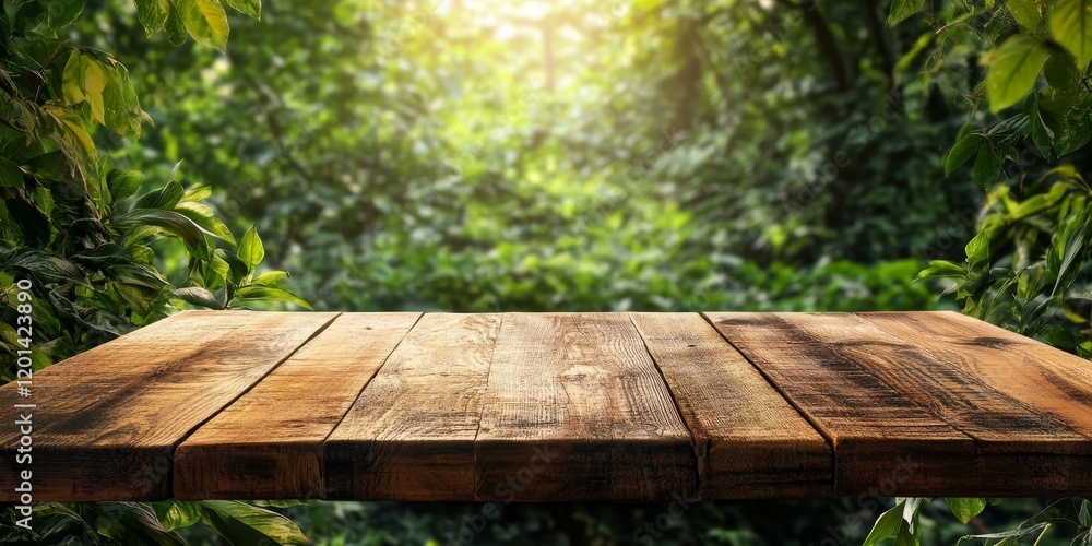 Poster wood table showcasing free space against a vibrant green nature background, perfect for emphasizing 