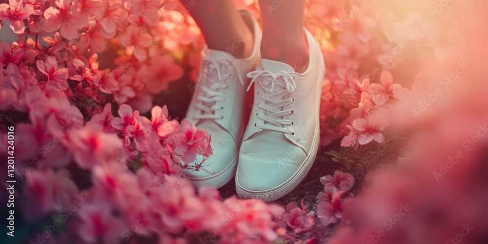 Poster defocused abstract background featuring shoes intertwined with flowers creates a unique and artistic