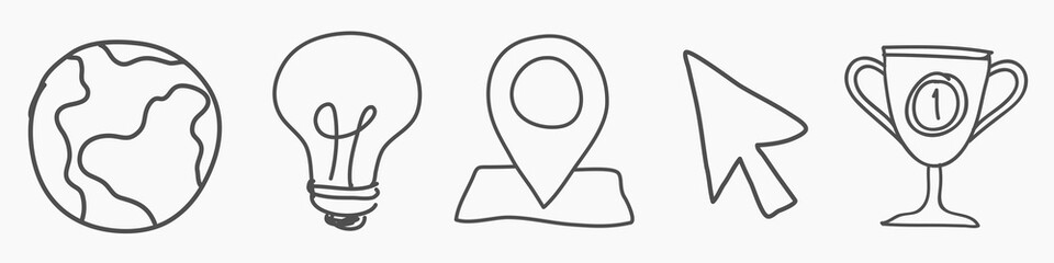 Minimalist icons: globe, lightbulb, map pin, cursor, trophy. Simple line art for universal concepts: globe, lightbulb, map pin, cursor, trophy. Hand drawn business elements, vector set.