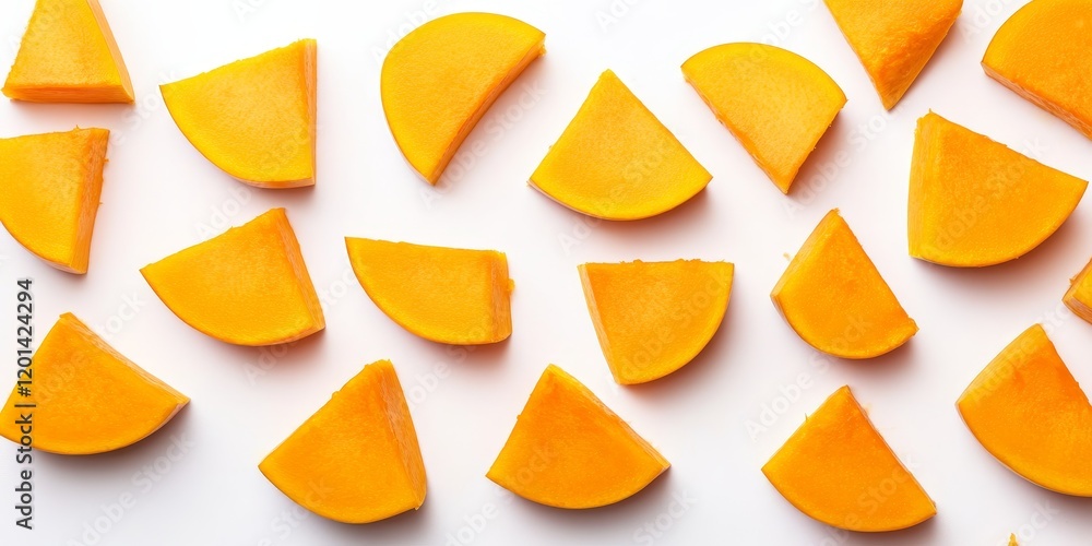 Poster isolated slices of pumpkin chunks displayed on a white background highlight the vibrant color and te