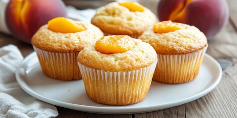 Delicious muffins made with fresh peaches, featuring a delightful Gerber inspired presentation. Enjoy the perfect blend of muffins and peaches for a tasty treat Muffins and peaches are a winning