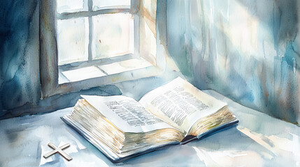 Ash Wednesday Watercolor Illustration of an Open Bible by a Sunlit Window. Concept of spirituality, faith, religious reflection